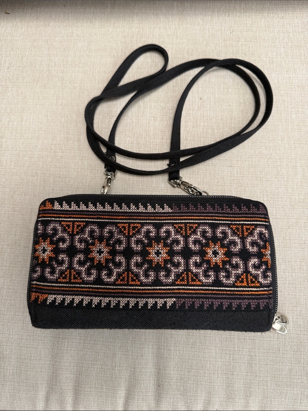Black Embroidered Crossbody Wallet W/Removable Cloth Strap 4”x8” with 25” drop